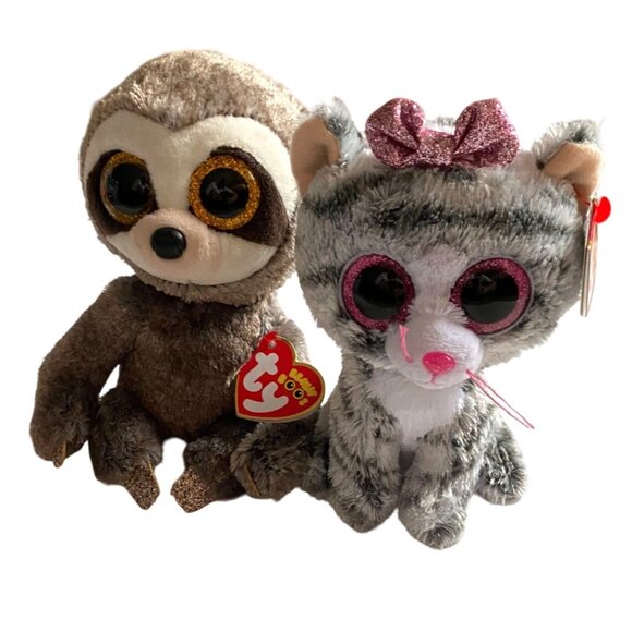 Ty Beanie Boo 2 piece Lot-Dangler The Sloth, Kiki The Tiger Striped Kitty-NWT - Picture 1 of 6
